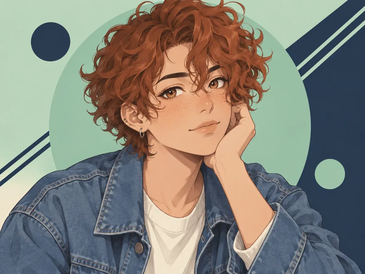 Original anime profile portrait with curly auburn hair and denim jacket