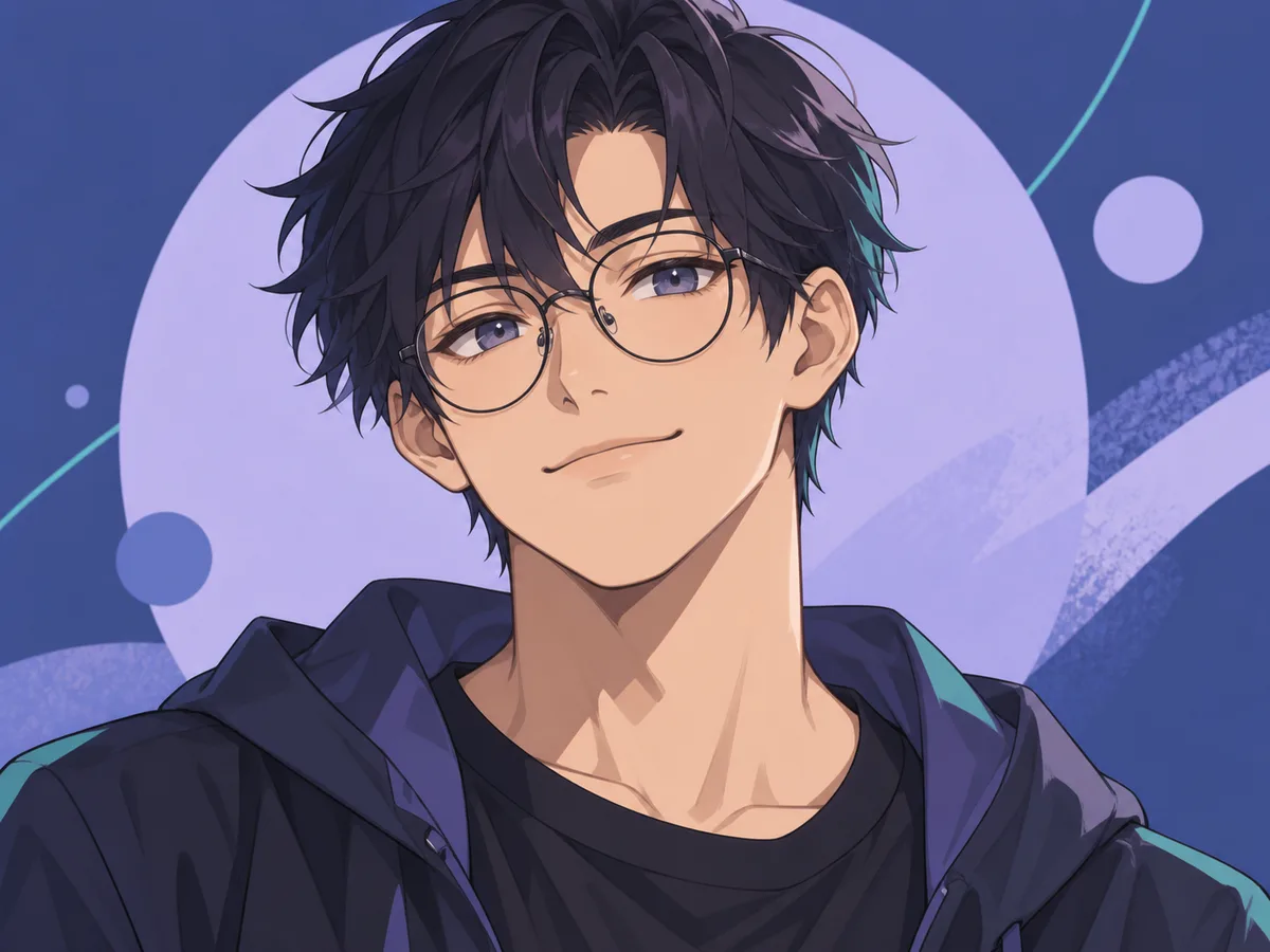 Original anime profile portrait of a person with dark hair and round glasses