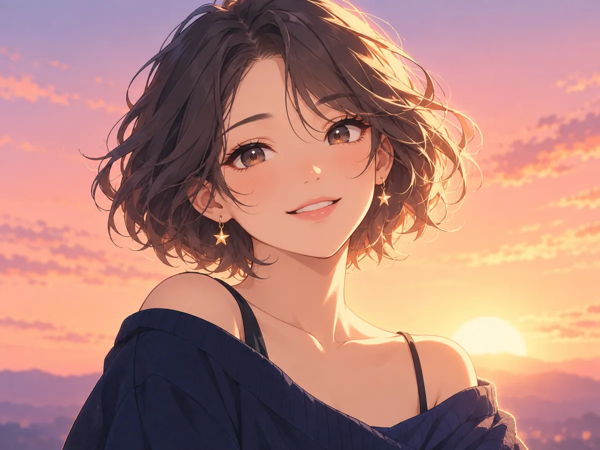 Original anime profile portrait with short wavy hair and sunset lighting