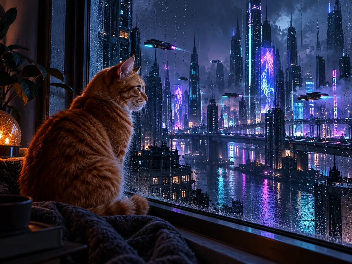 Original orange cat watching a futuristic neon city through a rainy window