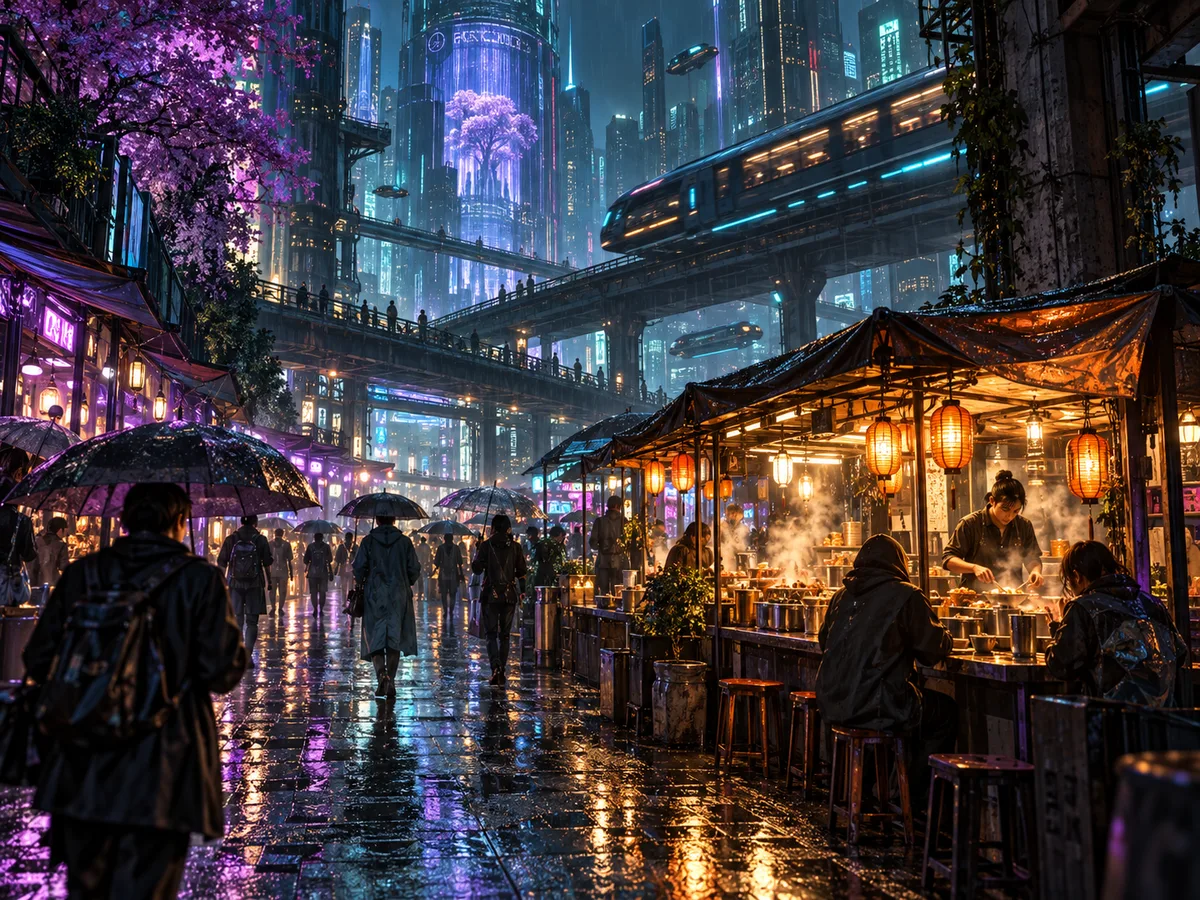 Original futuristic night market with umbrellas and layered neon transit