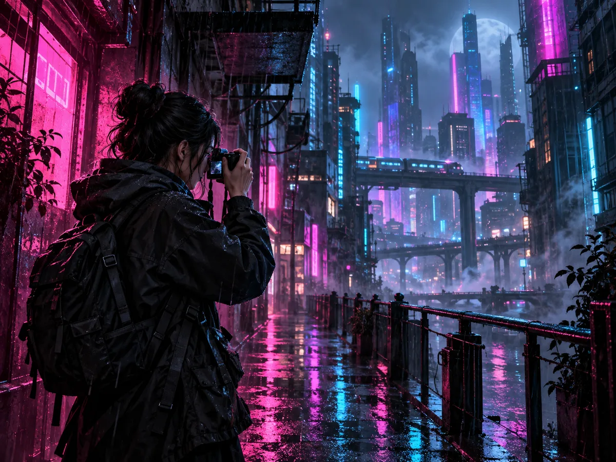 Original street photographer in a rain-soaked neon futuristic city