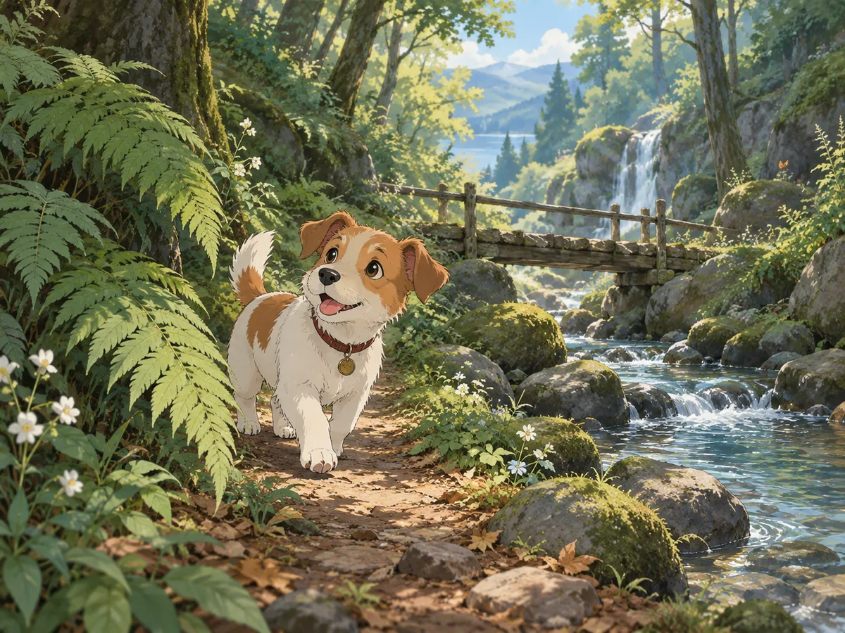 Original animated dog exploring a sunlit forest path beside a stream