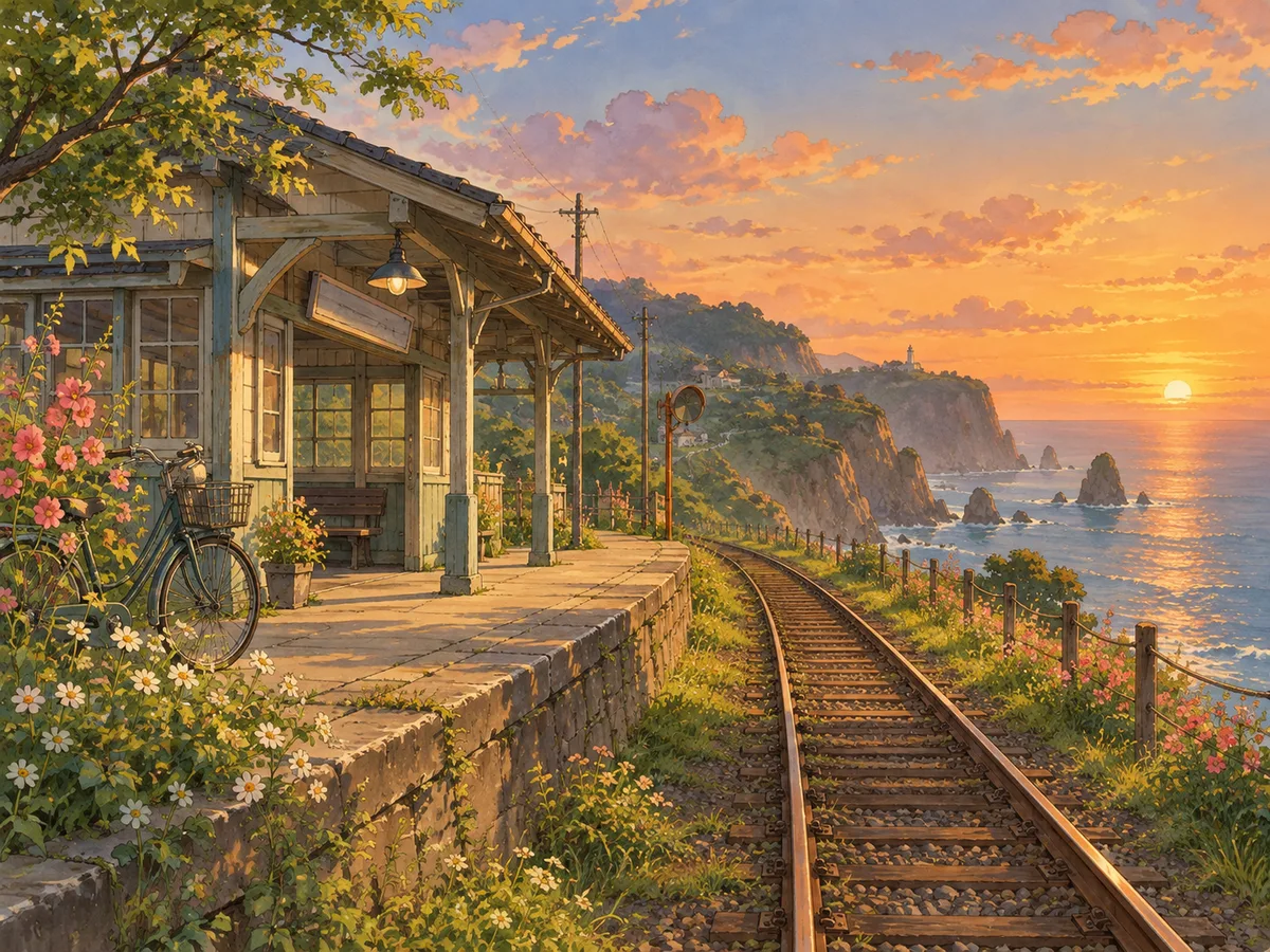 Original hand-painted coastal railway station surrounded by wildflowers
