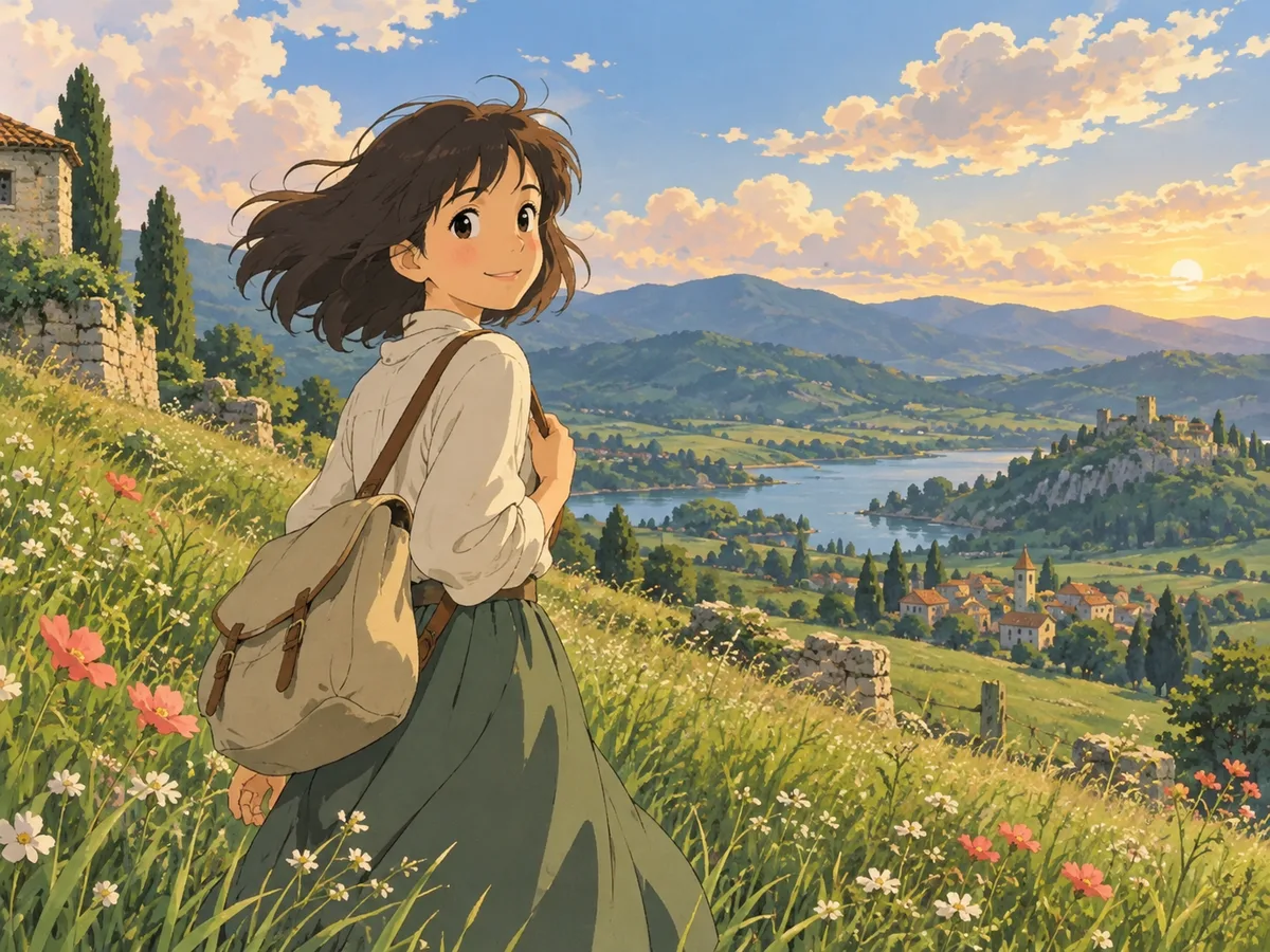 Original hand-painted animated traveler overlooking a green valley at sunset