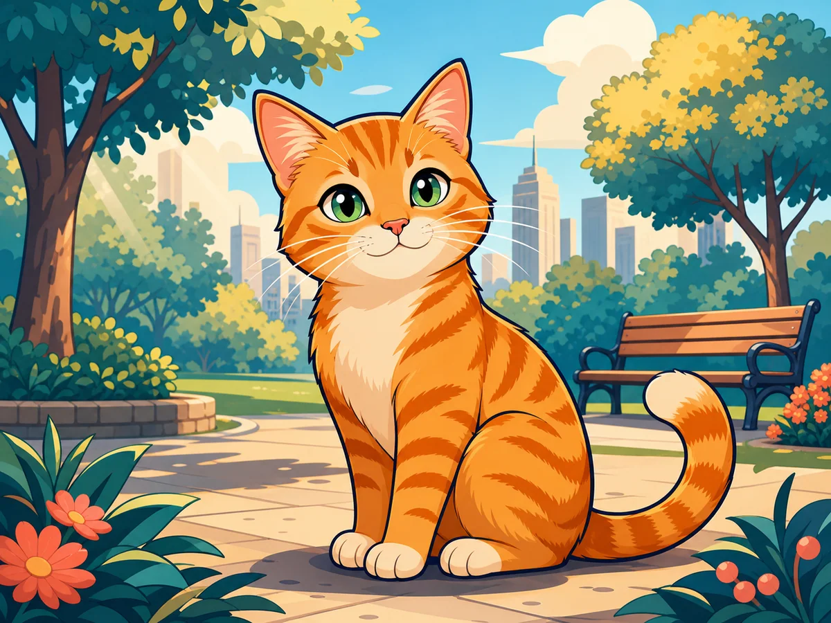 Colorful cartoon illustration of an orange cat in a sunny park