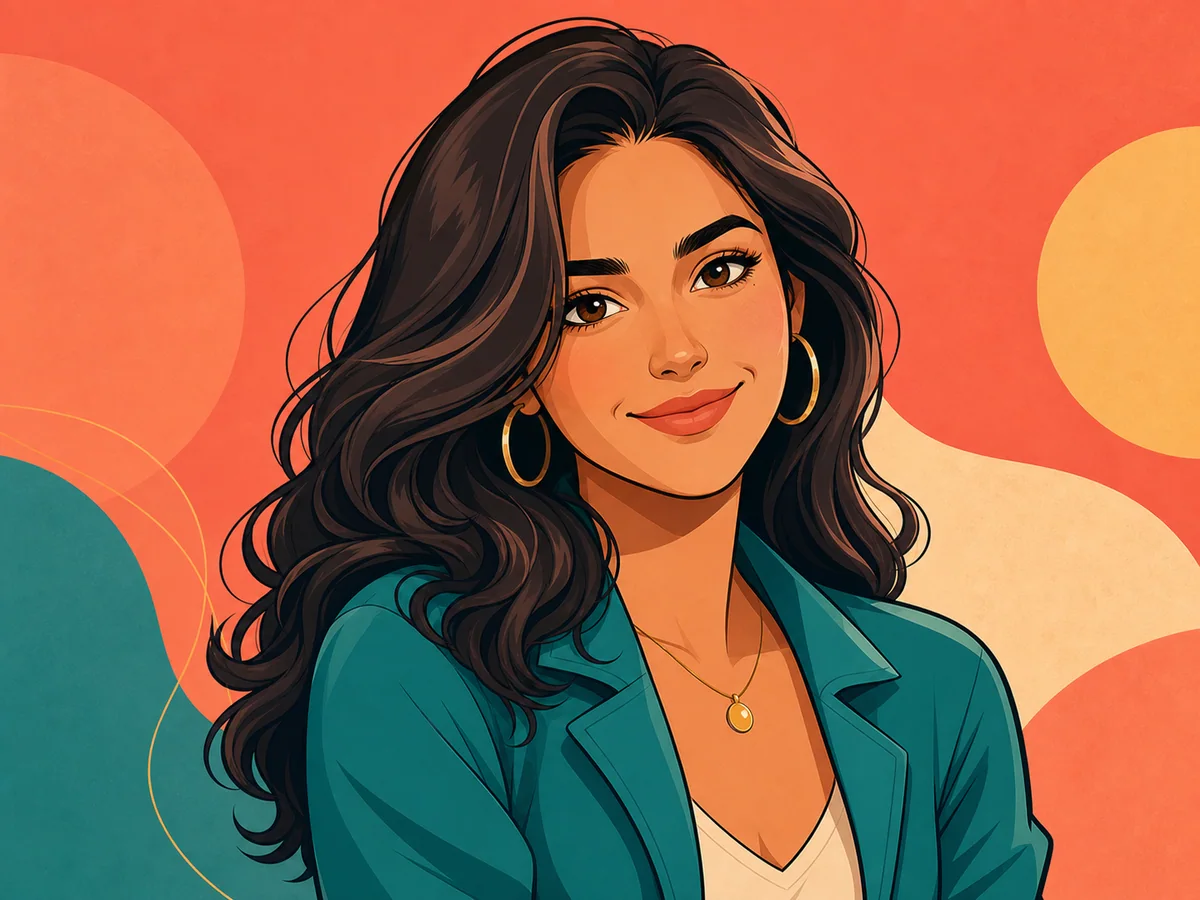 Colorful editorial cartoon portrait with clean outlines and soft cel shading