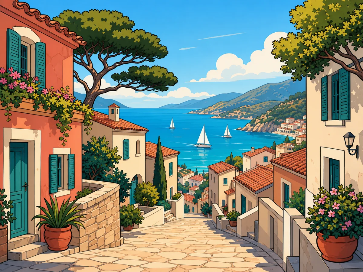 Colorful cartoon illustration of a coastal town and blue water