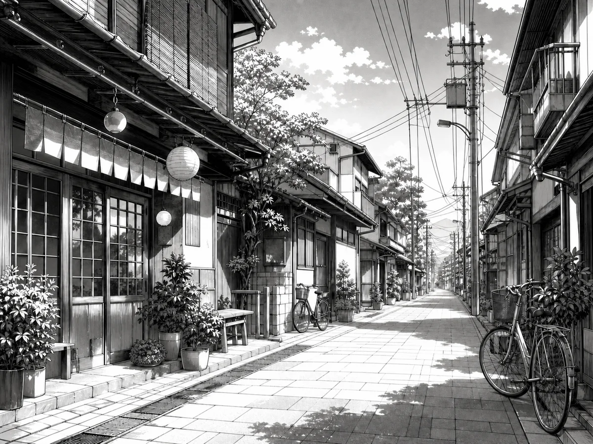 Black-and-white manga illustration of a quiet city street with bicycles