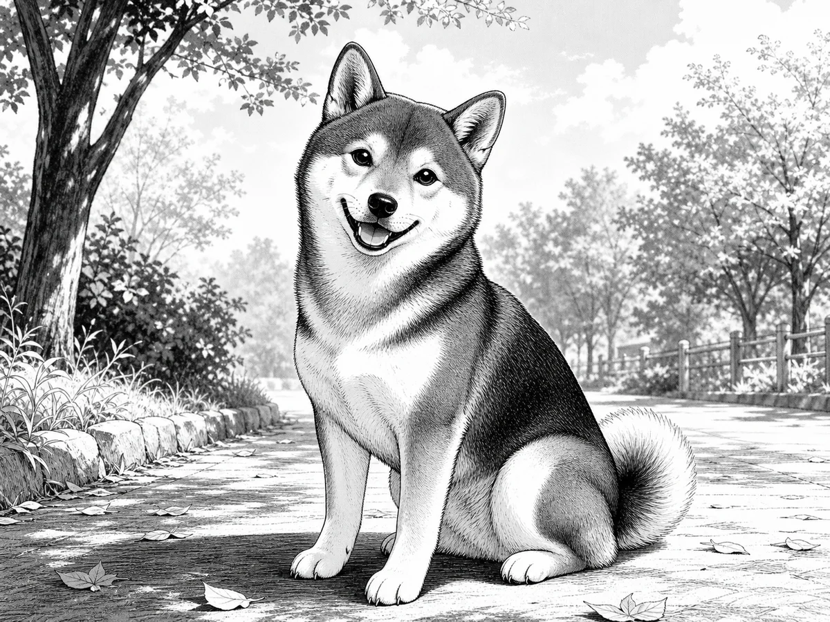 Black-and-white manga illustration of a smiling dog in a park