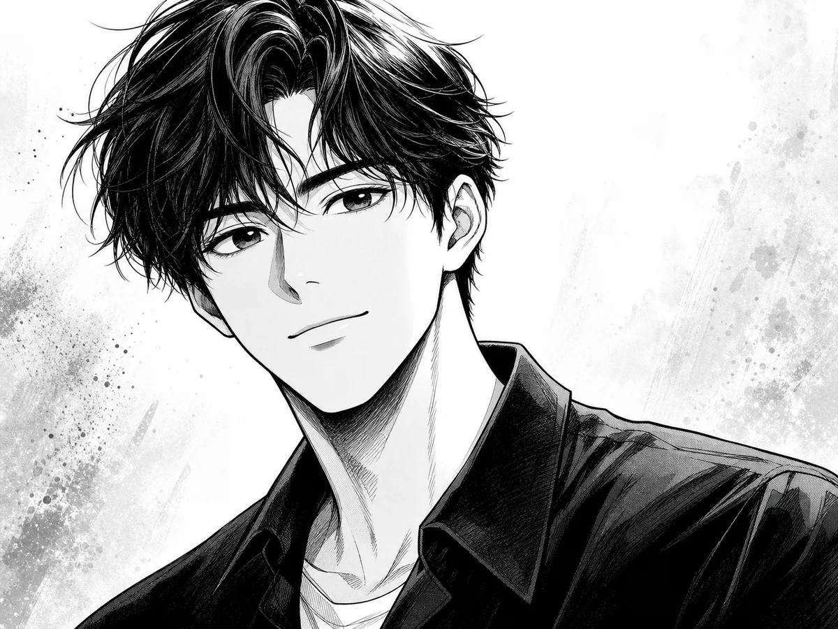 Black-and-white manga portrait with clean ink contours and screentone shading